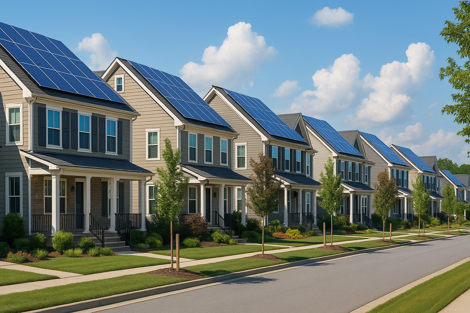 A row of houses with solar panels on each roof